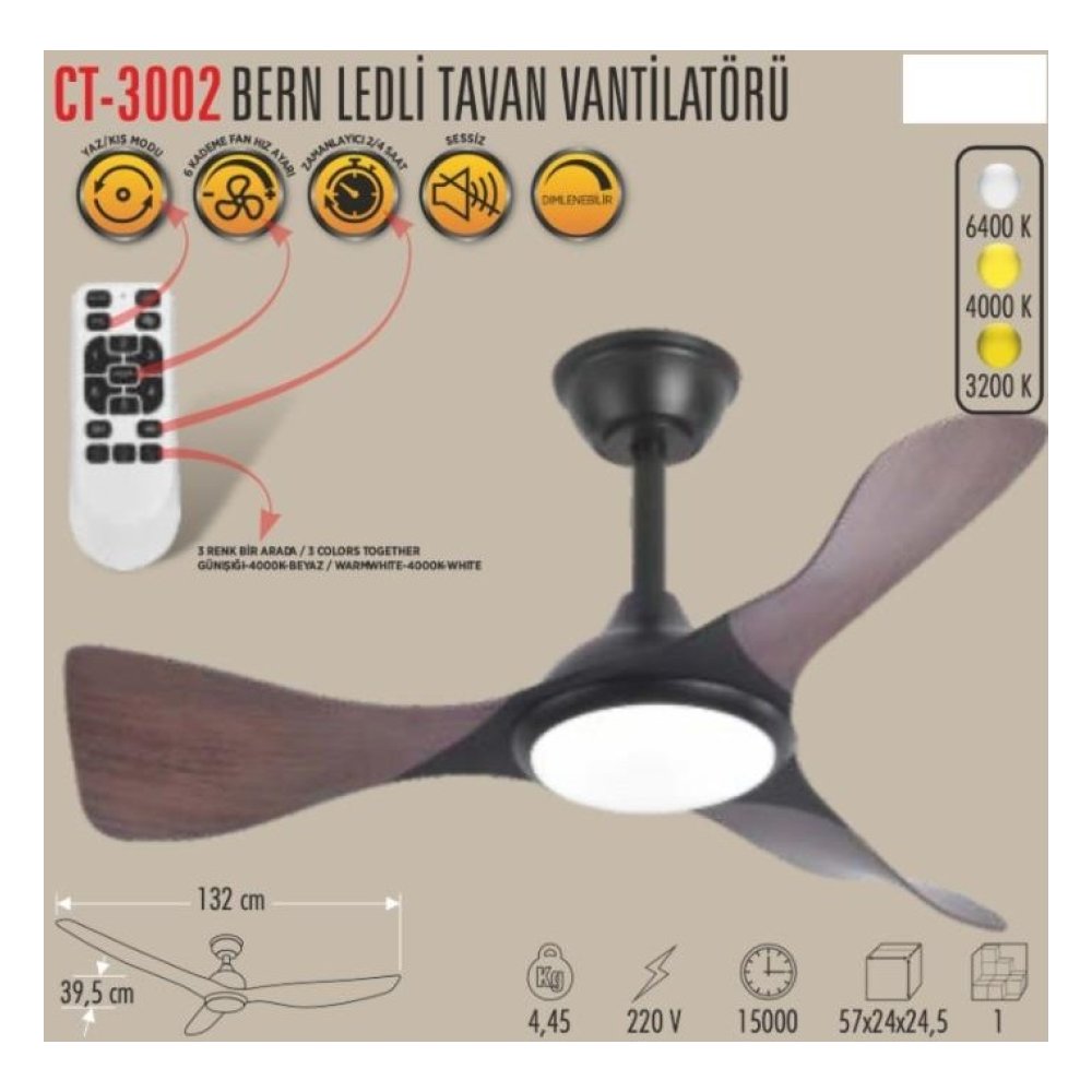 Vanti Cata CT-3002 Bern Ledli Tavan Vantilatörü Metalik Malzeme ile Salon Kullanımına Uygun 3 Kanatlı